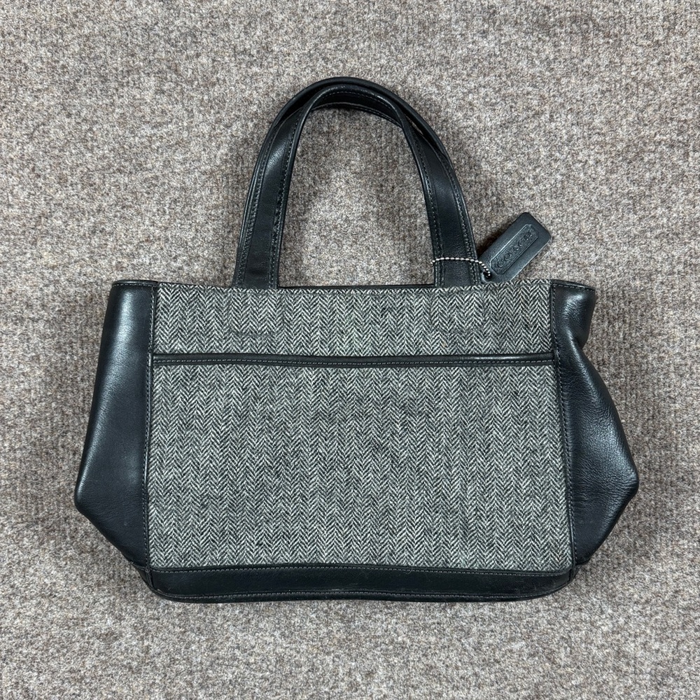 Coach Bleeker Street Black Leather Grey Herringbone Wool‎ Satchel Top Handle Bag